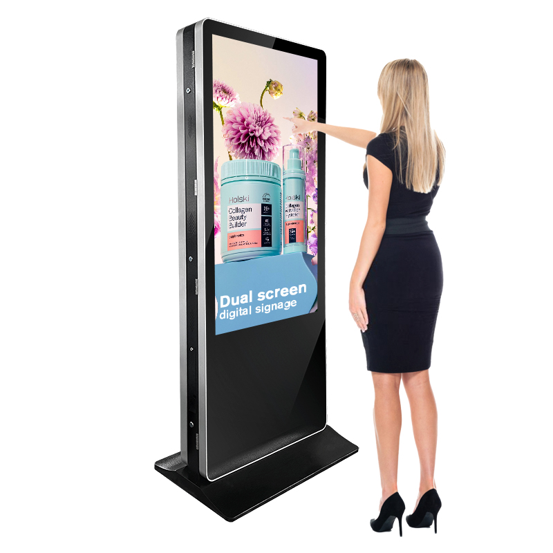 43 49 55 tums ultratunna dubbla sk&auml;rmar video LCD peksk&auml;rm reklamspelare Totem dubbel sidostativ Digital skyltning