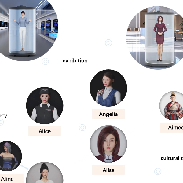 Tube d'&eacute;cran Transparent de mus&eacute;e de 75 pouces, bo&icirc;te num&eacute;rique de taille humaine, affichage d'exposition holographique, hologramme 3D, IA virtuelle